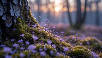 Blooming Wildflowers and Mossy Tree at Golden Hour in Forest photo