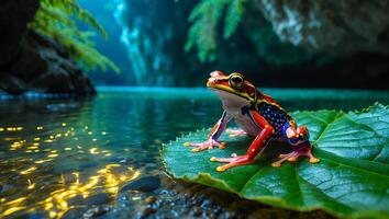 Colorful Frog Sitting on Leaf in Tropical Pond Environment Nature photo