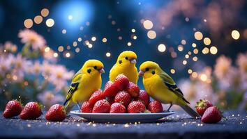 Birds Eating Strawberries on a Plate with Festive Background Lighting photo