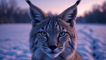 Lynx Staring Directly at Camera in Winter Snow Landscape photo
