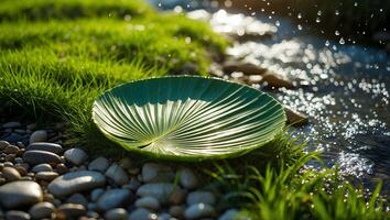 Leaf Dish by Stream with Water Droplets and Green Grass Setting photo