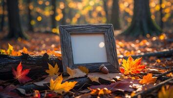 Frame Surrounded by Autumn Leaves in Forest with Warm Sunlight photo