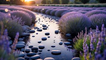 Lavender Field and River at Sunset Serene Natural Landscape photo