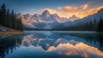 Mountain Reflection in Lake at Sunrise with Trees and Cloudy Sky photo