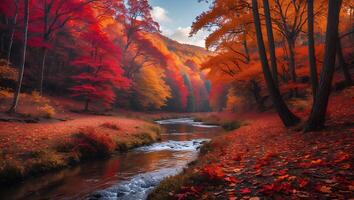 Flowing Stream Through Autumn Forest with Colorful Fall Foliage photo