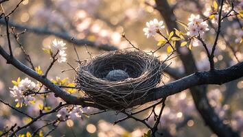Bird Nest in Blooming Tree with Egg Resting Inside Still Life photo