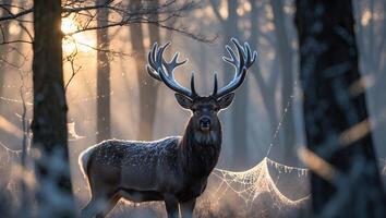 Deer Standing in Forest with Sunlight and Spiderweb in Winter photo