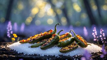 Stuffed Green Chili Peppers on Salt Bed with Floral Background photo