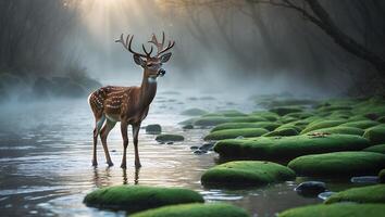 Deer Standing in River with Fog and Moss Covered Rocks photo