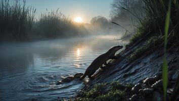 Otter Emerging From Water in Misty River at Sunrise photo