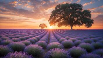 Lavender Field at Sunset with Trees and Dramatic Sky Landscape photo