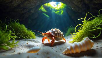 Walking Crab Underwater Exploring Sandy Bottom with Seaweed and Shell photo