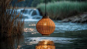Hanging Rattan Lamp Above Water with Waterfall and Reeds photo
