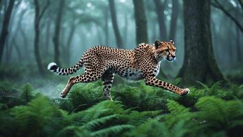 Cheetah Running Through Forest with Green Ferns on the Ground photo