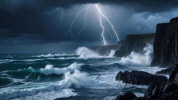 Dramatic Lightning Storm Over Ocean Cliffs with Crashing Waves and Dark Skies photo