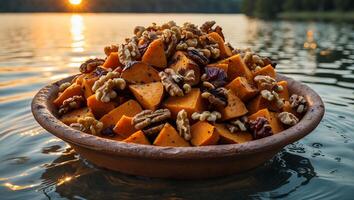 Sweet Potato Salad with Walnuts in a Bowl on Water Surface photo