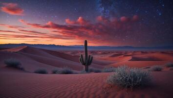 Desert Landscape with Cactus, Sand Dunes, and Starry Night Sky photo
