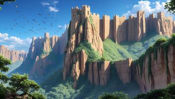 Massive Stone Wall on Cliffs with Greenery and Blue Sky photo