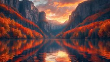 Still Lake Reflecting Autumnal Cliffs and Orange Sunset Scenery photo