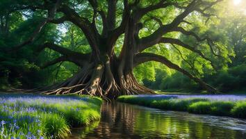 Majestic Ancient Tree by Flowing River with Blooming Spring Flowers photo