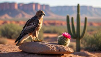 Hawk Perched on Rock in Desert Landscape with Blooming Cactus photo