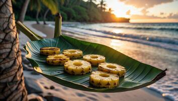 Grilled Pineapple Rings on Leaf at Tropical Beach Sunset Scene photo