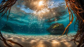 Underwater View of Sandy Seabed with Sunlight and Floating Particles photo