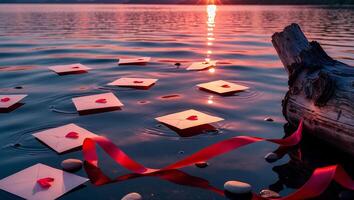 Letters with Heart Floating on Water at Sunset with Ribbon photo