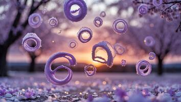 Floating Lavender Rings in Springtime Field at Sunset Creates Dreamy Scene photo