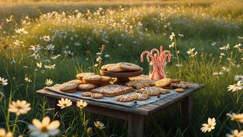 Festive Cookies and Candy Canes on Rustic Table in Daisy Field photo