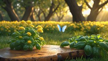 Butterfly Flying in Peaceful Garden with Yellow Flowers and Sunlight photo