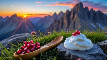 Pomegranate Seeds with Yogurt on Rocks at Scenic Mountain Sunset photo