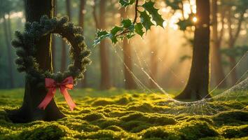Festive Wreath on Tree in Forest with Spiderweb and Sunlight photo