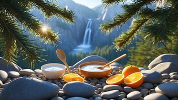 Yogurt Bowls and Orange Slices with Waterfall Scenery Backdrop photo