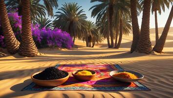 Arrangement of Food on a Colorful Rug in a Sandy Oasis photo