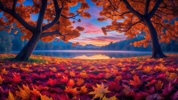 Autumn Leaves Covering Ground by Lake at Dusk with Colorful Sky photo