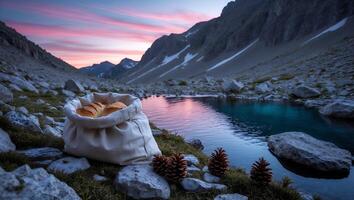 Bread in Bag Near Mountain Lake with Sunset Reflecting in Water photo