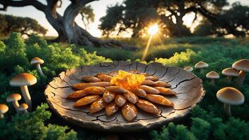 Food Display on Rustic Plate with Mushrooms and Sunset Background photo