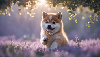 Puppy Eating Ice Cream in a Lavender Field at Sunset photo