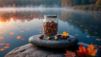 Almonds in Jar by Lake with Autumn Leaves Natural Setting photo