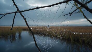 Spiderweb with Water Droplets Hanging on Branch in Wetland Area photo