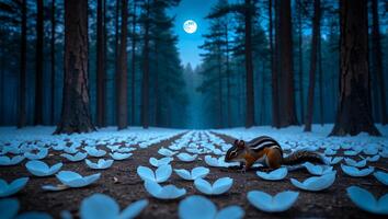Chipmunk Foraging on Path in Woodland Forest Under Moonlight Night photo