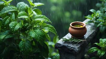 Olive Oil in Terracotta Pot with Rosemary on Stone Under Rain photo