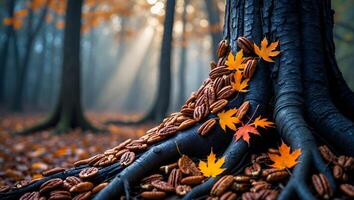 Pecan Nuts and Autumn Leaves Around Tree Roots in Forest photo