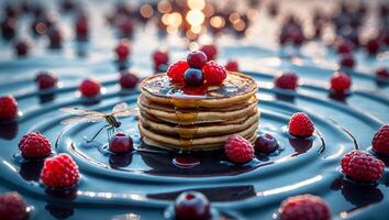 Stack of Pancakes with Berries and Syrup on a Unique Plate photo