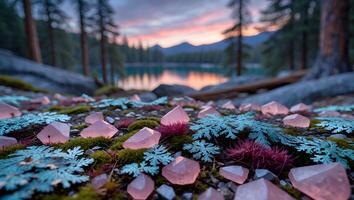 Pink Crystals Scattered on Mossy Ground Near Lake at Dusk photo