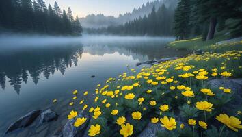 Yellow Wildflowers Blooming Near Calm Lake with Foggy Forest Backdrop photo