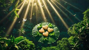 Heart Cookies on Leaf with Mint in Tropical Forest Sunlight photo