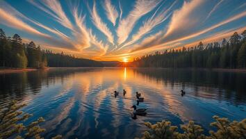 Ducks Swimming on Calm Lake at Sunset with Striking Clouds photo