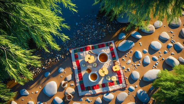 Riverside Picnic with Apple Cider and Sliced Apples Aerial View photo